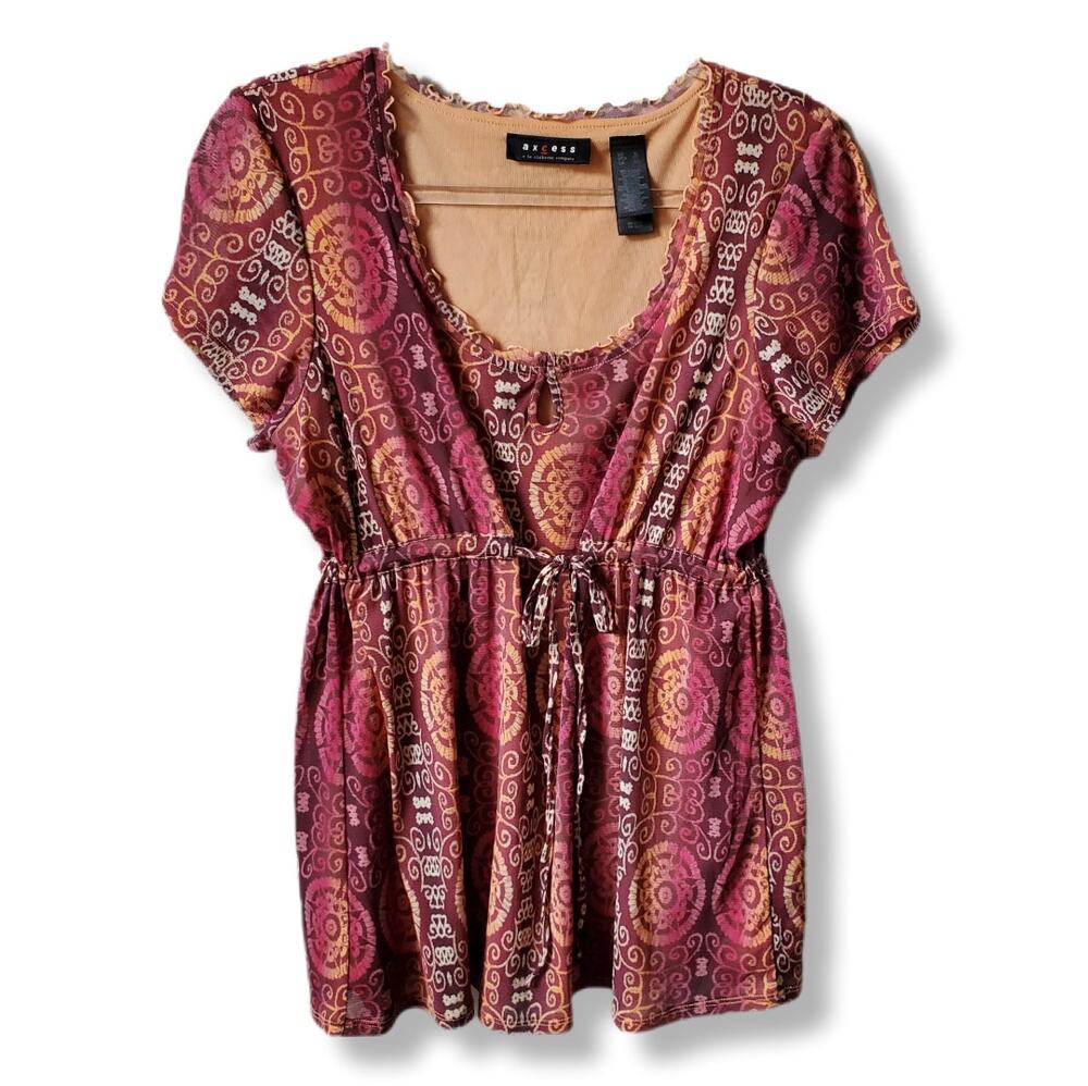 90s Y2K Women Brown Mesh Lettuce Edge Milkmaid Babydoll Top XL Fall Renfair Boho